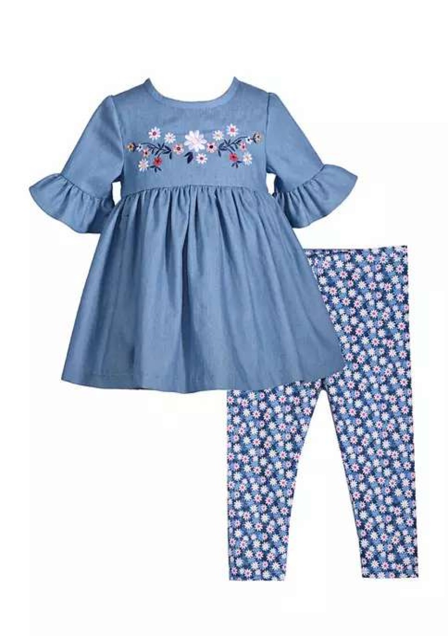 Kids * | Wholesale Bonnie Jean Girls 4-6X 3/4 Sleeve Embroidered Top And Pants Set Chambray