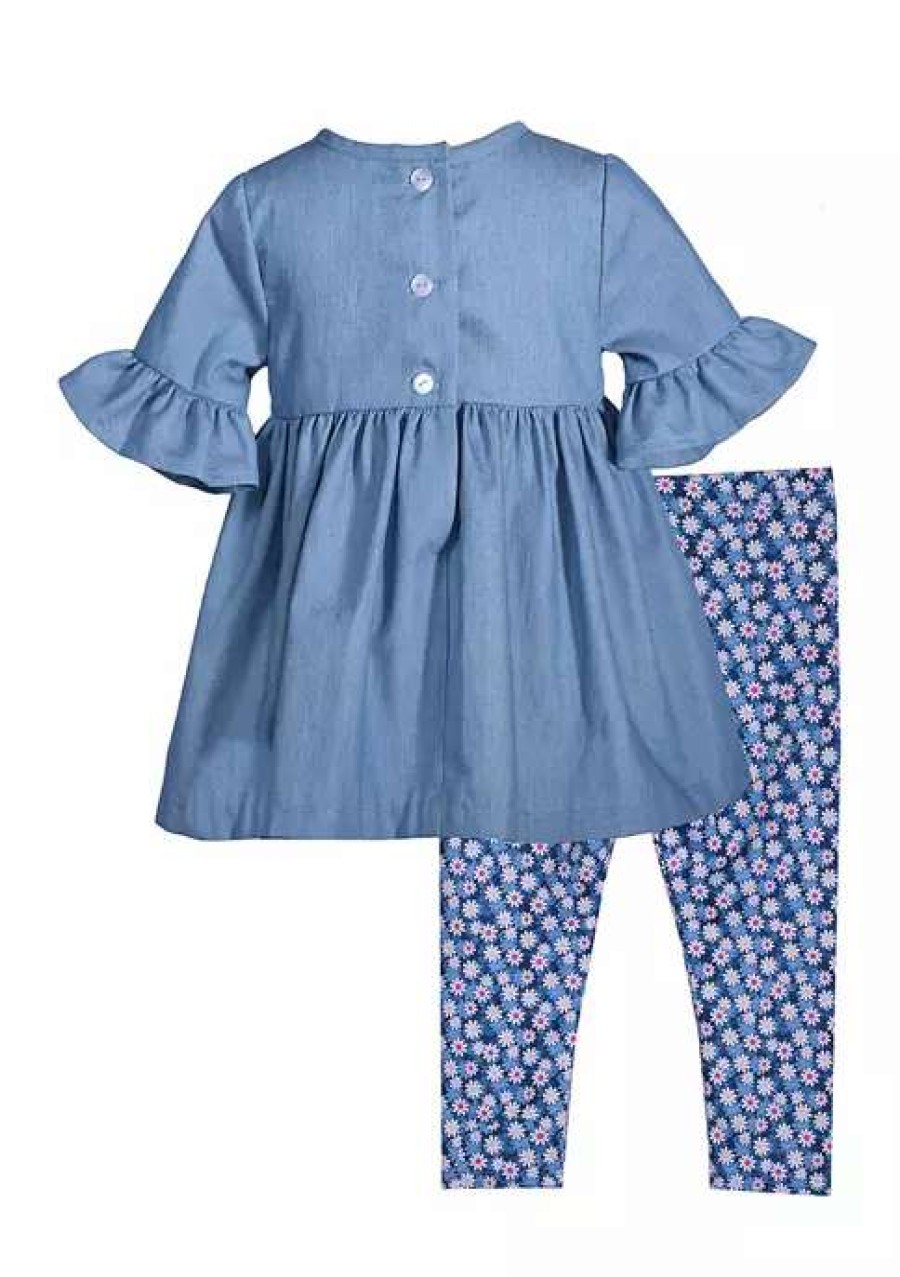 Kids * | Wholesale Bonnie Jean Girls 4-6X 3/4 Sleeve Embroidered Top And Pants Set Chambray