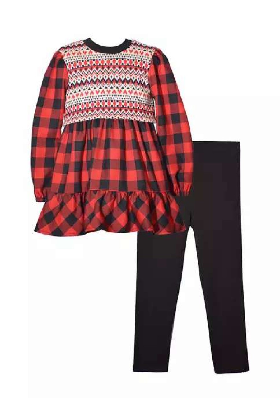 Kids * | Best Sale Bonnie Jean Baby Girls Long Sleeve Buffalo Check Top And Ribbed Leggings Set Red