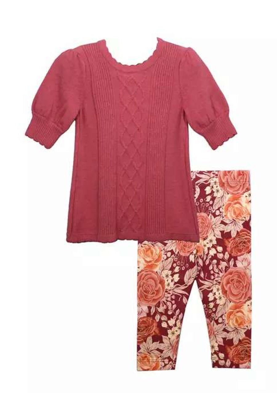 Kids * | Deals Bonnie Jean Baby Girls Puff Sleeve Sweater And Floral Print Leggings Set Rose