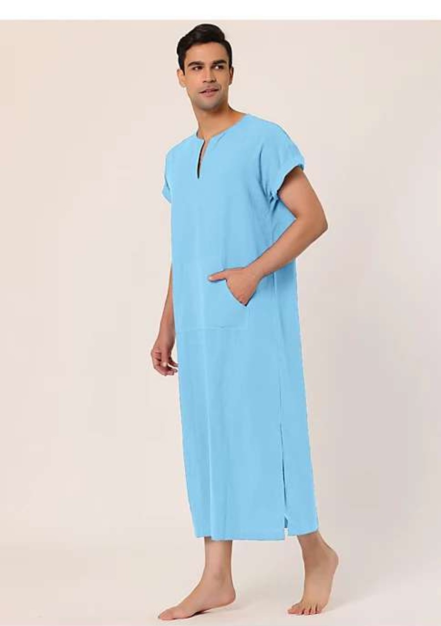 Men * | Hot Sale Lars Amadeus Men'S Nightshirt Short Sleeves Cotton Sleep Shirt V-Neck Side Split Long Gown