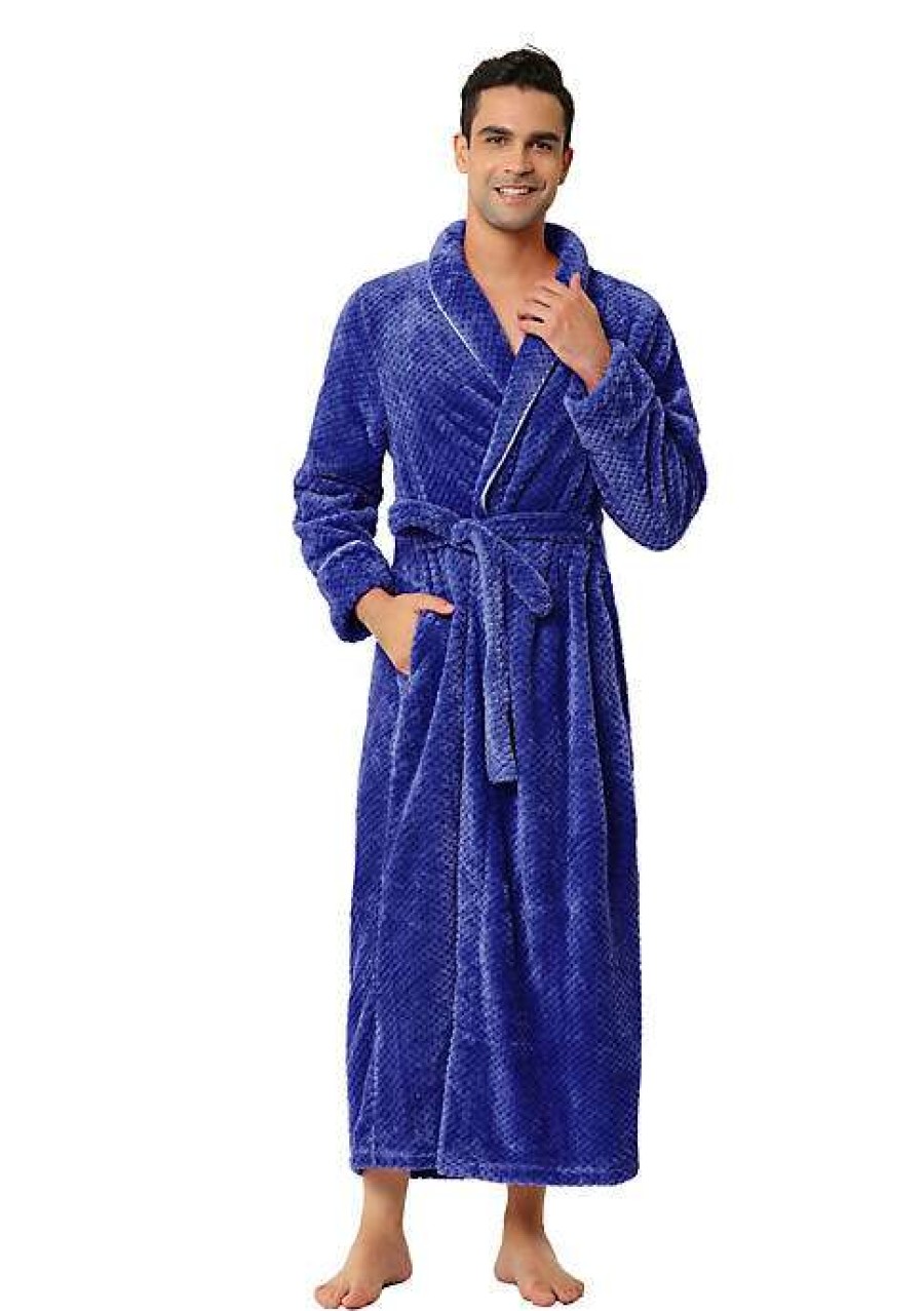 Men * | New Lars Amadeus Men'S Flannel Bathrobe Solid Color Sleepwear Long Sleeves Plush Shawl Robe