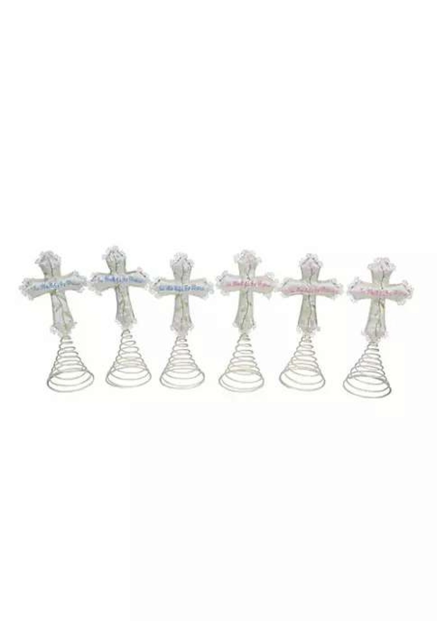 Home * | Best Pirce Roman Set Of 6 And Green God Bless Baby'S First Christmas Cross Tree Toppers 9 Ivory