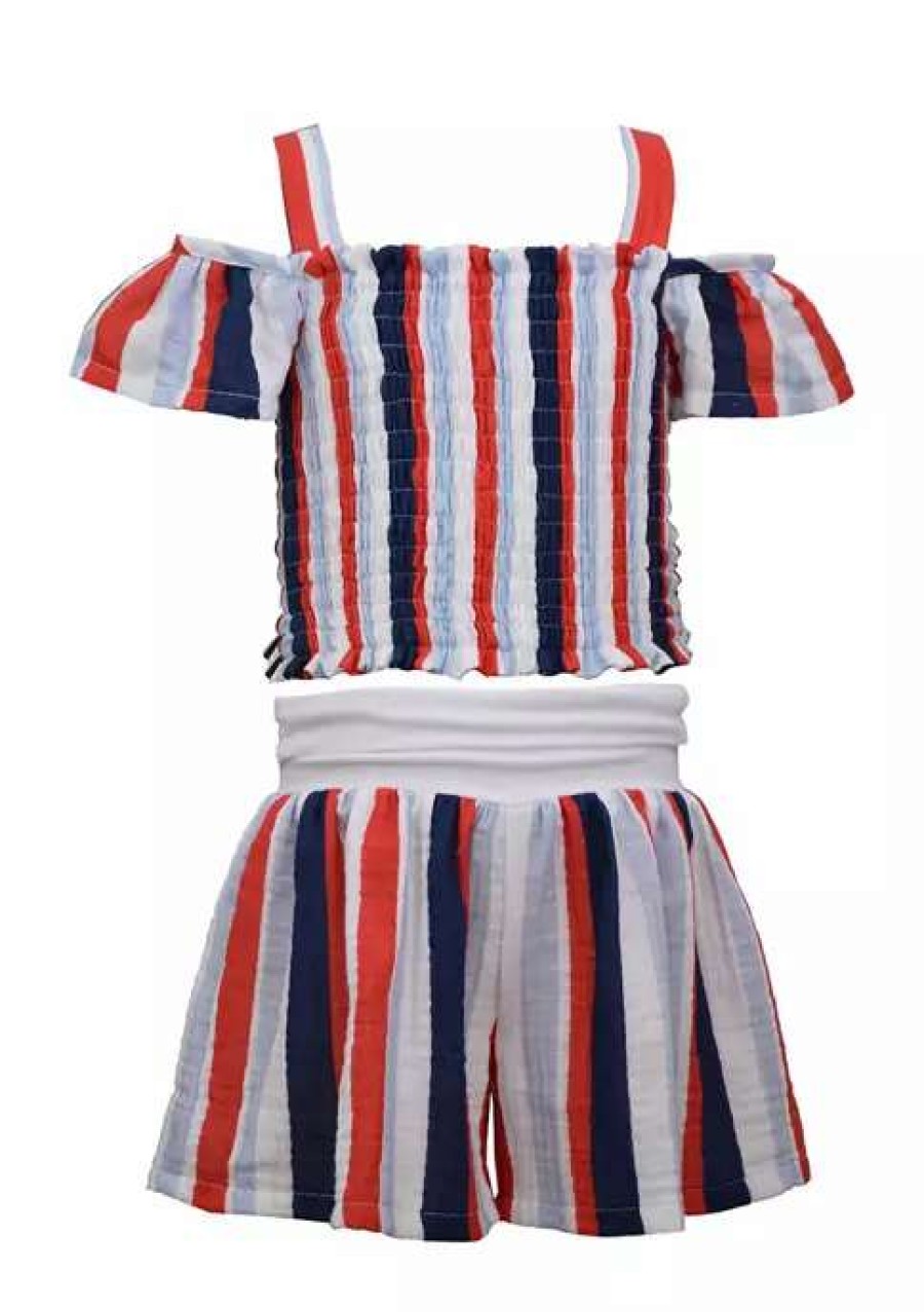 Kids * | Flash Sale Bonnie Jean Girls 7-16 Striped Smocked Shorts Set Red