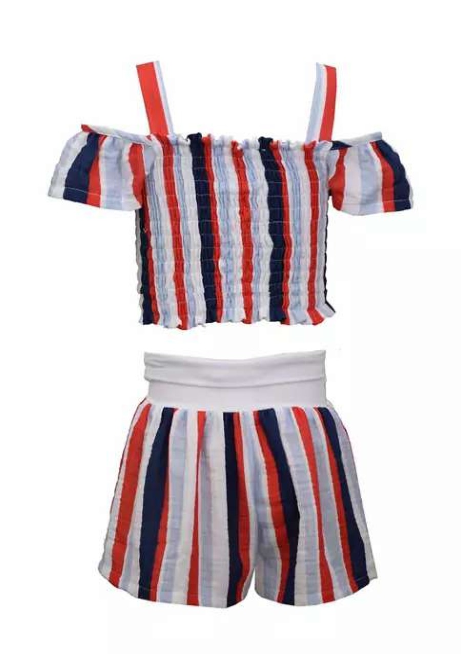 Kids * | Flash Sale Bonnie Jean Girls 7-16 Striped Smocked Shorts Set Red