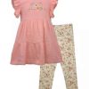 Kids * | Cheap Bonnie Jean Girls 4-6X Flutter Sleeve Embroidered Top And Printed Leggings Set Peach