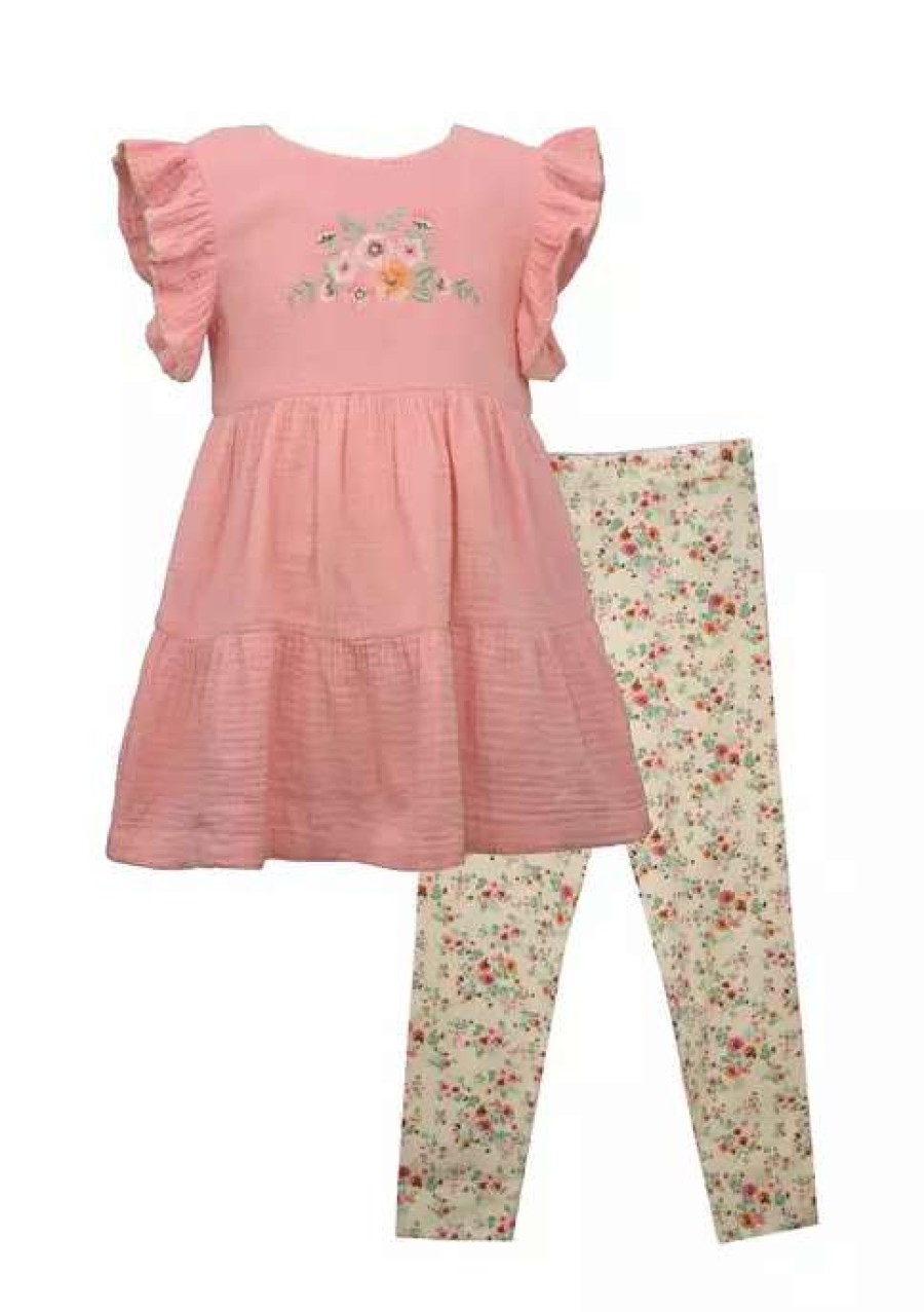 Kids * | Cheap Bonnie Jean Girls 4-6X Flutter Sleeve Embroidered Top And Printed Leggings Set Peach