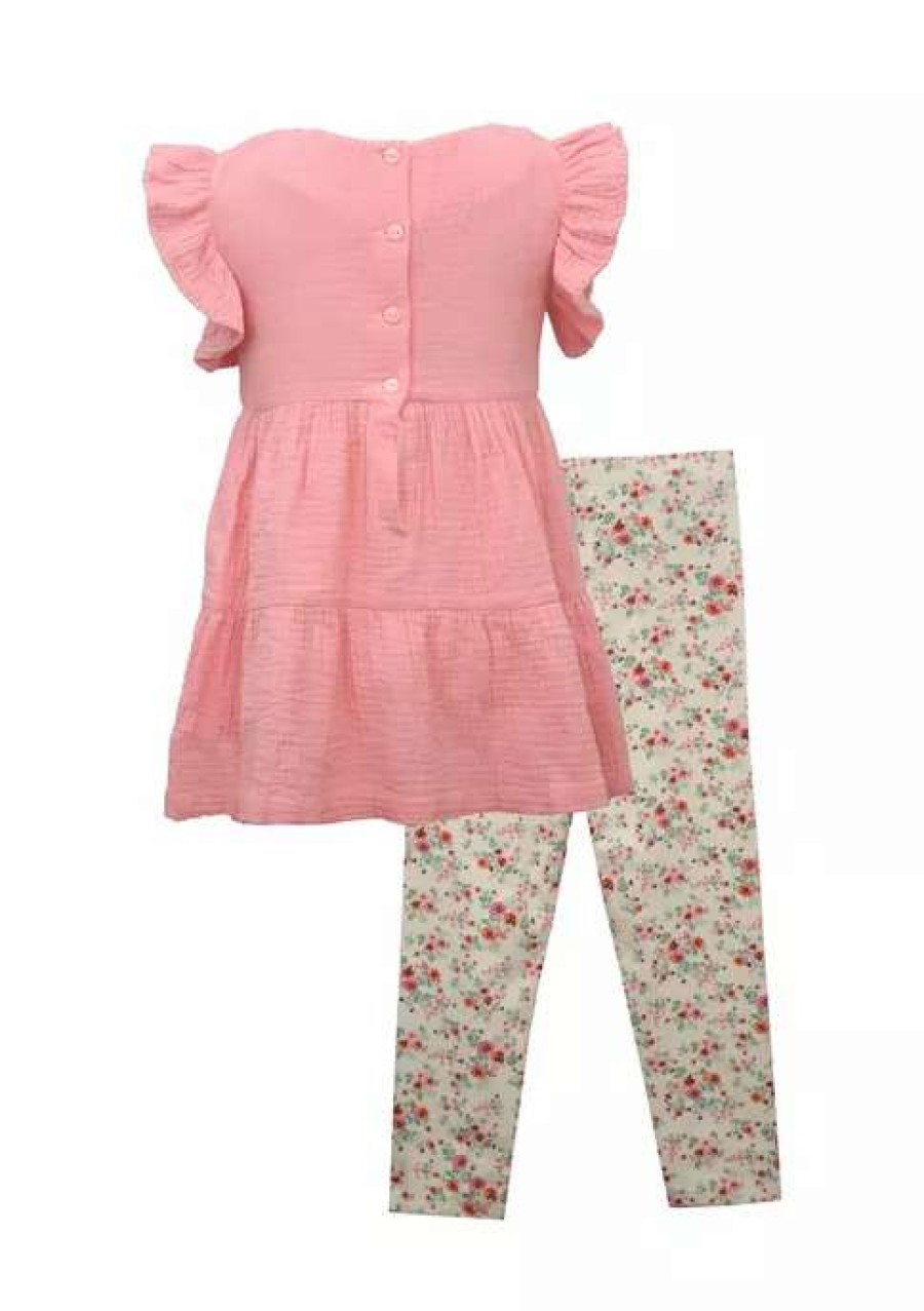 Kids * | Cheap Bonnie Jean Girls 4-6X Flutter Sleeve Embroidered Top And Printed Leggings Set Peach