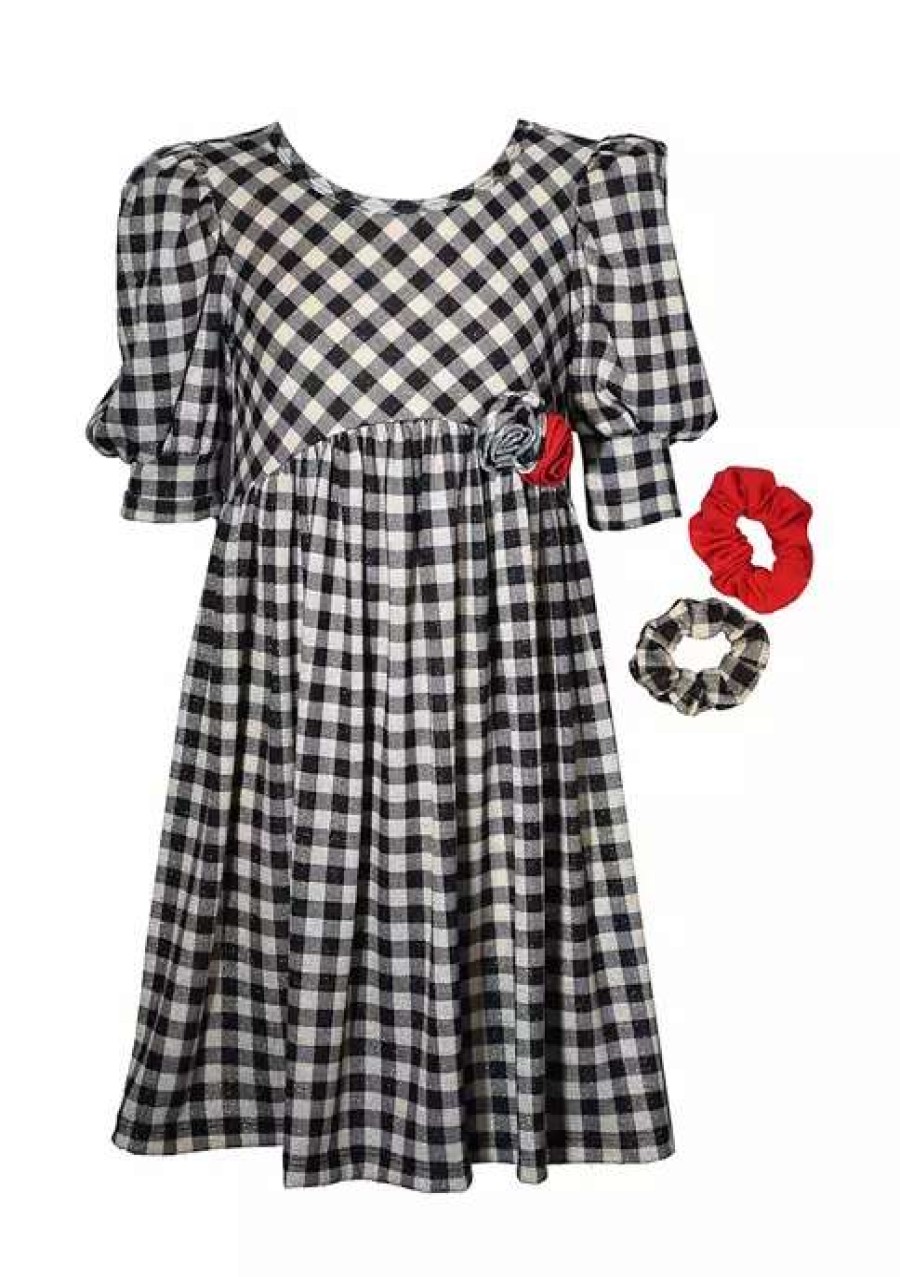 Kids * | Deals Bonnie Jean Girls 7-16 3/4 Sleeve Check Hacci Dress Black/White