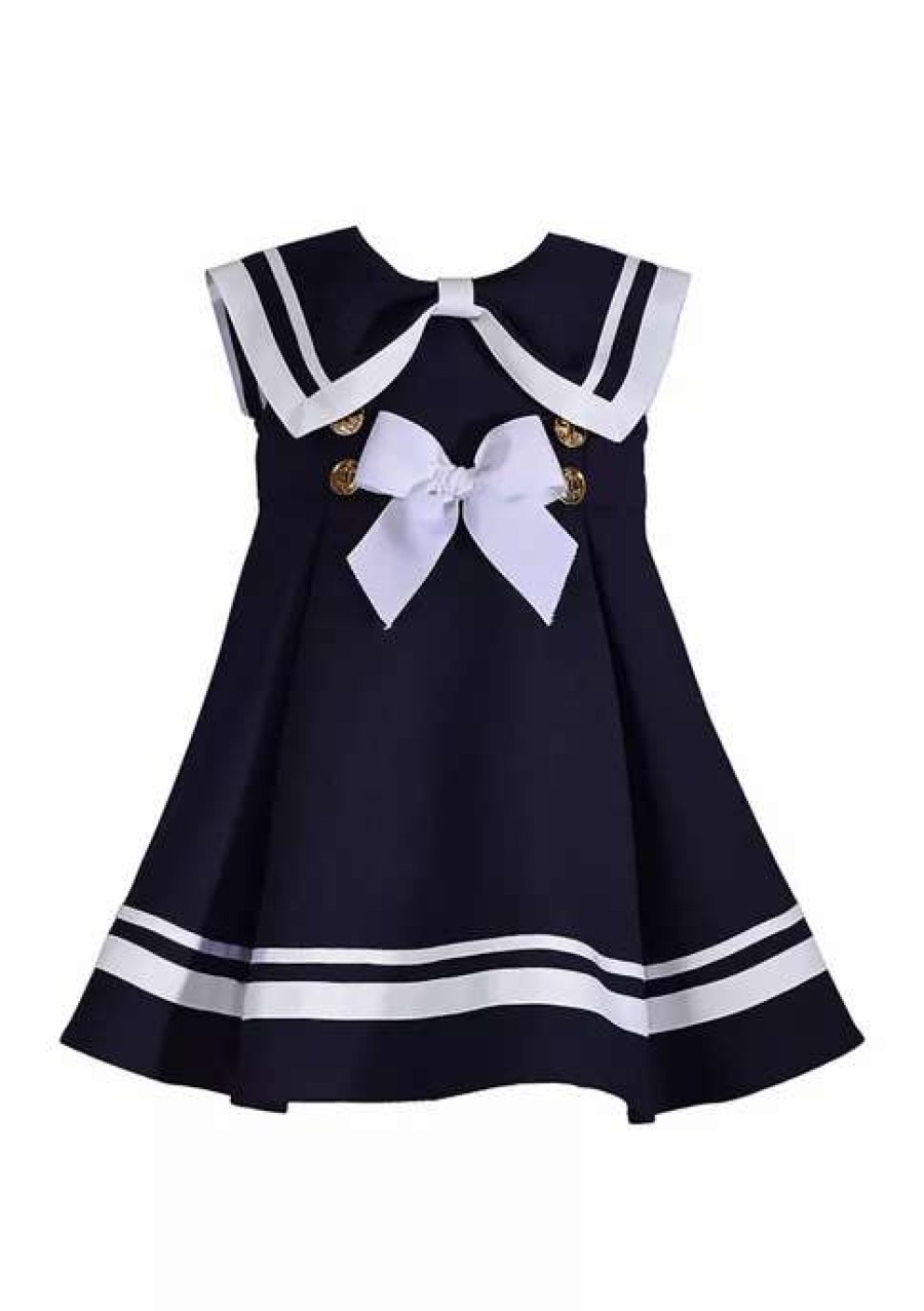 Kids * | Best Pirce Bonnie Jean Baby Girl Short Sleeve Nautical Bow Dress Navy