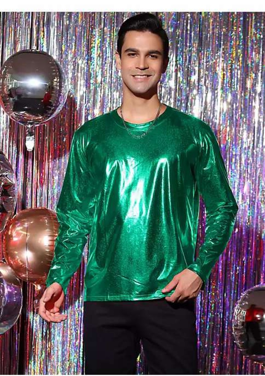 Costumes & Cosplay * | Coupon Lars Amadeus Men'S Metallic T-Shirt Round Neck Long Sleeves Shining Disco Tee Top