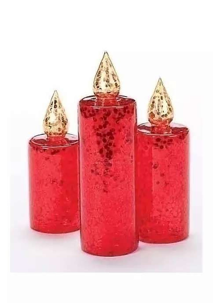 Home * | Best Deal Roman Set Of 3 And Gold Glitter Sequined Christmas Pillar Candle Figures 10 Red