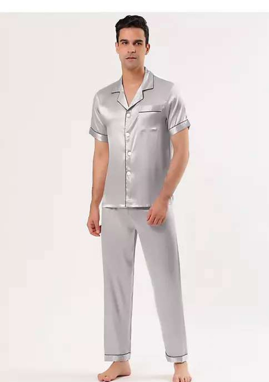 Men * | Cheapest Lars Amadeus Men'S Satin Pajama Sets Sleepwear Short Sleeves Button Down Night Wear Set