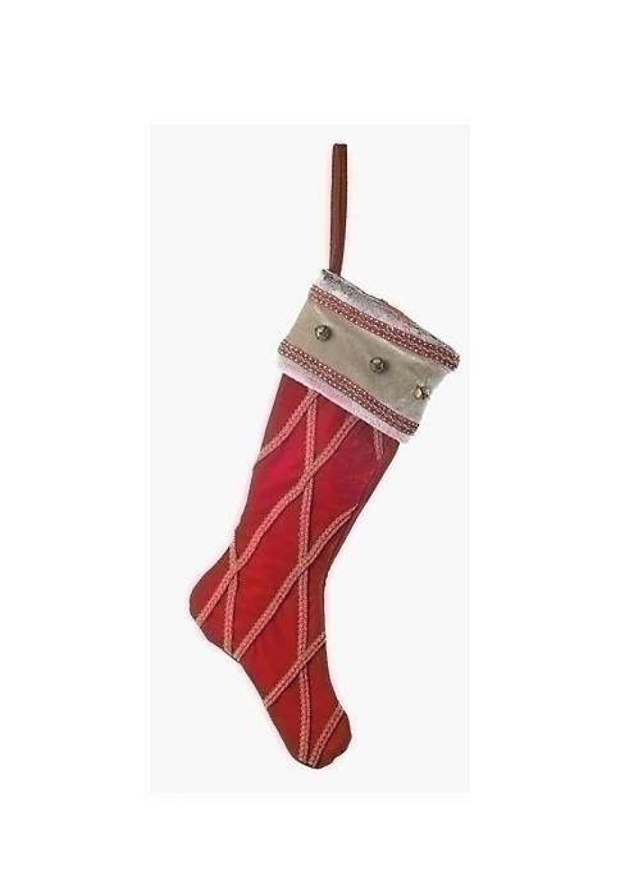 Home * | Buy Roman 26 And Beige Embroide Jingle Bell Christmas Stocking Red