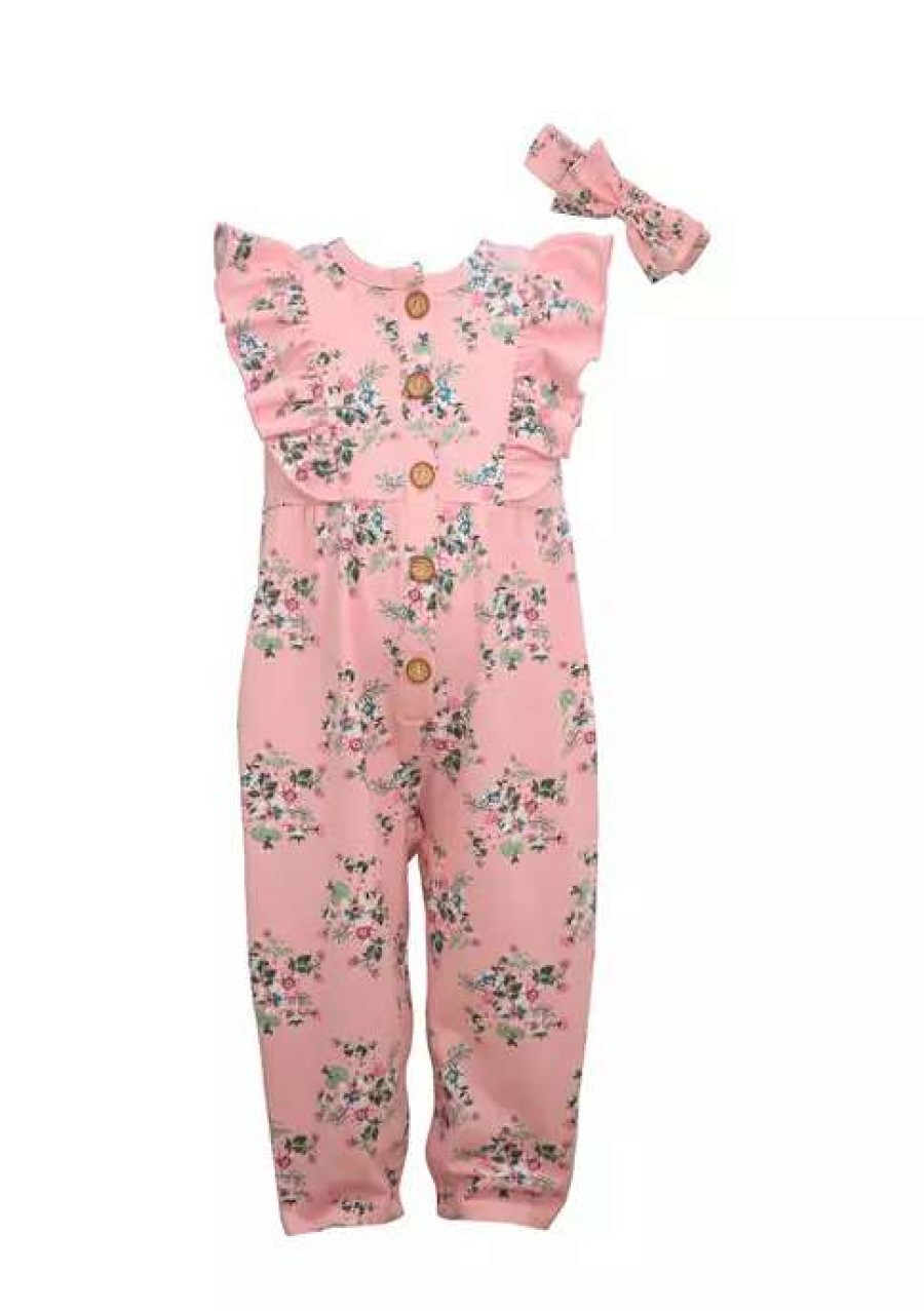 Kids * | Best Sale Bonnie Jean Toddler Girls Button Front Floral Romper With Matching Headband Pink