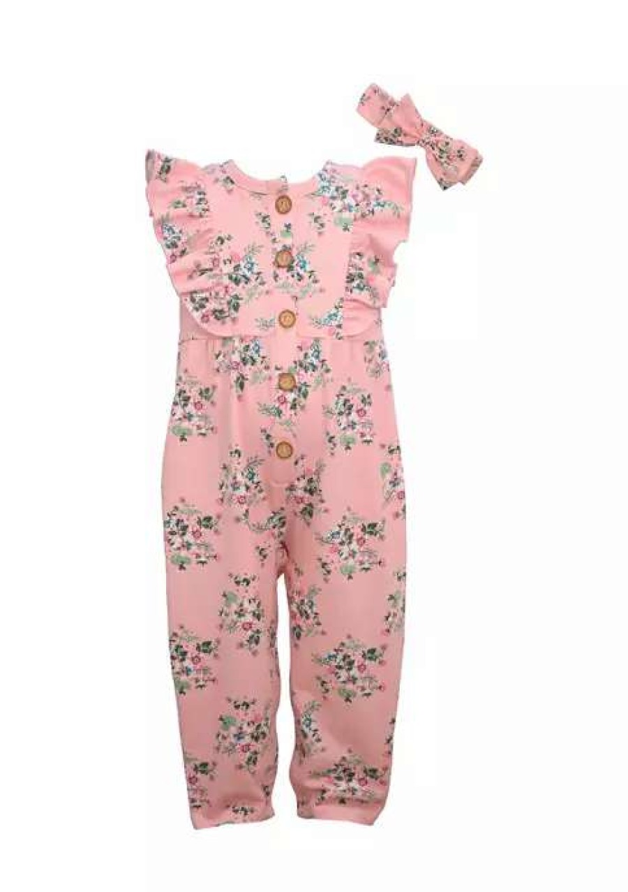 Kids * | New Bonnie Jean Baby Girls Button Front Floral Romper With Matching Headband Pink