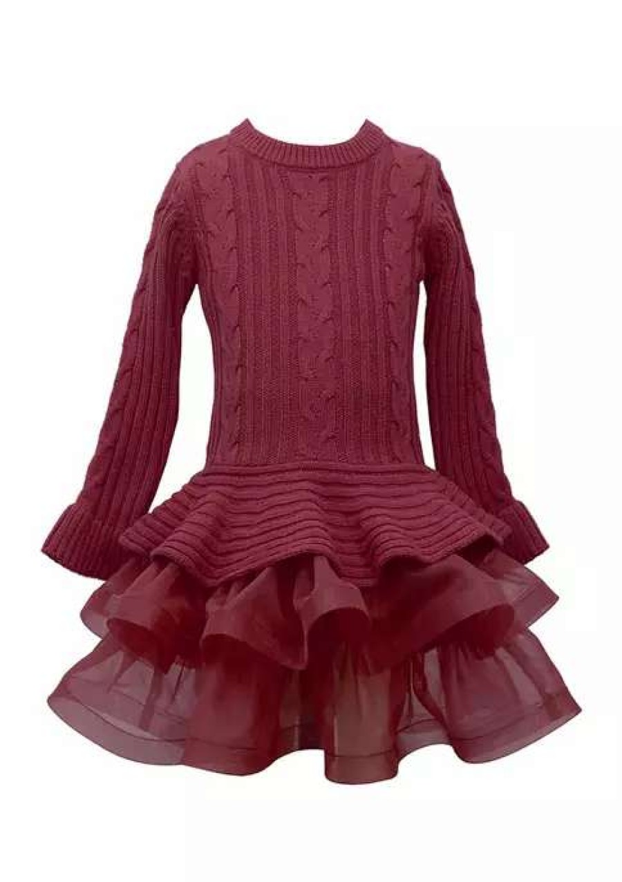 Kids * | Best Deal Bonnie Jean Girls 7-16 Sweater With Horse Hair Dress Burgundy