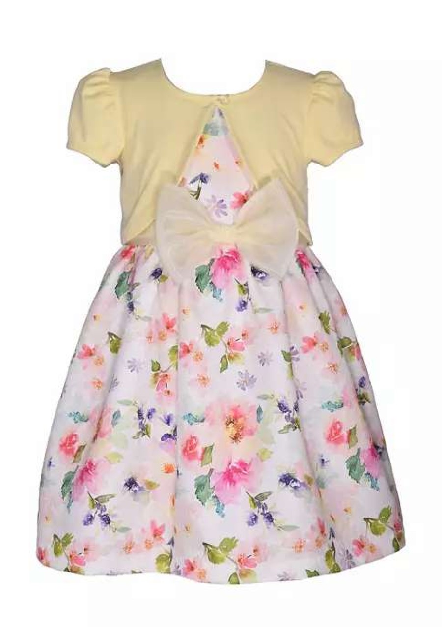 Kids * | Best Pirce Bonnie Jean Baby Girls Short Sleeve Floral Bow Cardigan Dress Yellow