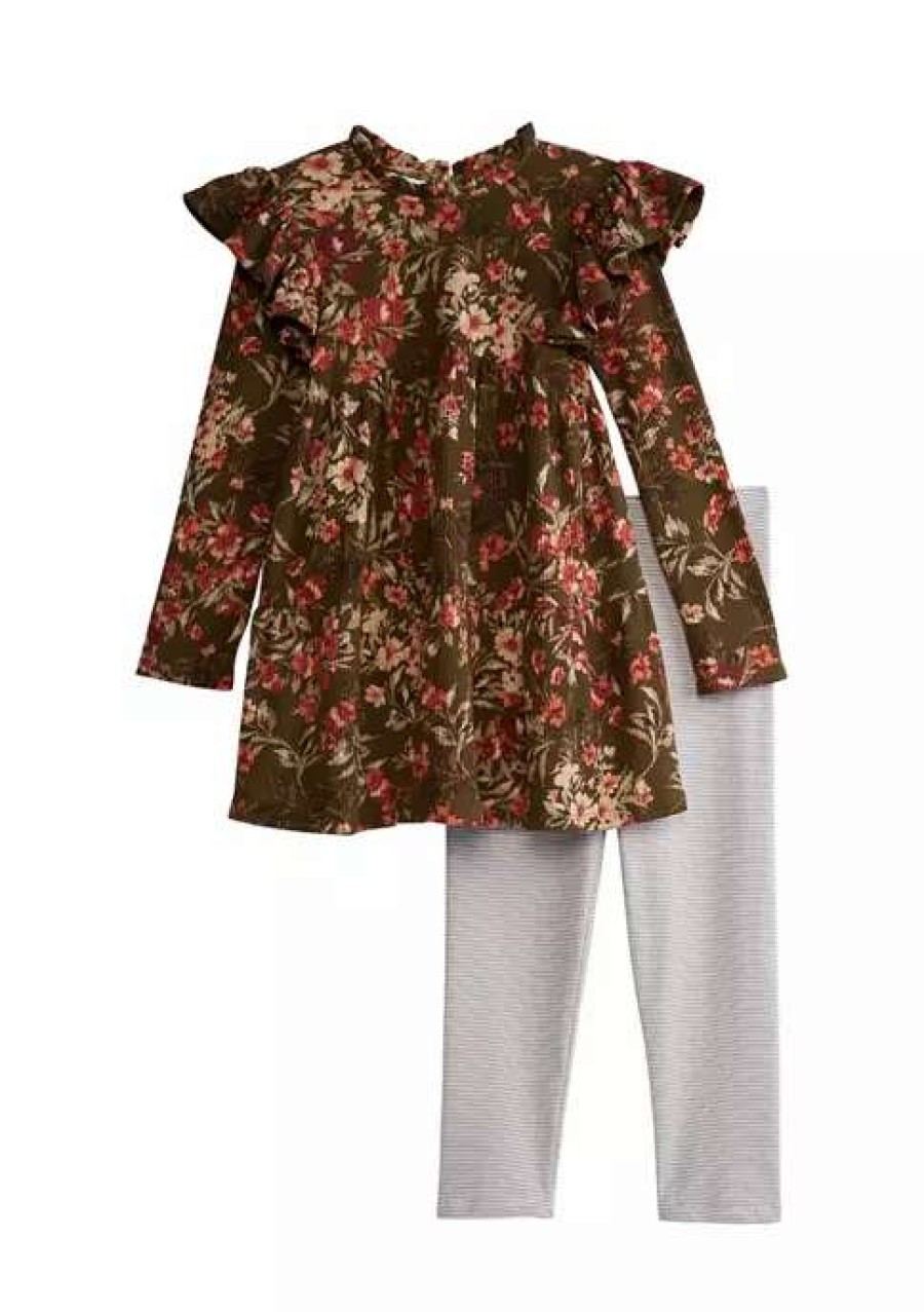 Kids * | Budget Bonnie Jean Girls 4-6X Long Sleeve Floral Flutter Sleeve Set Olive