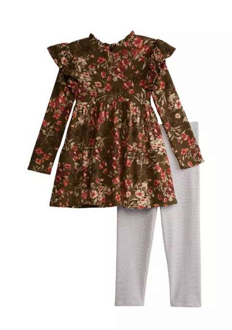 Kids * | Budget Bonnie Jean Girls 4-6X Long Sleeve Floral Flutter Sleeve Set Olive