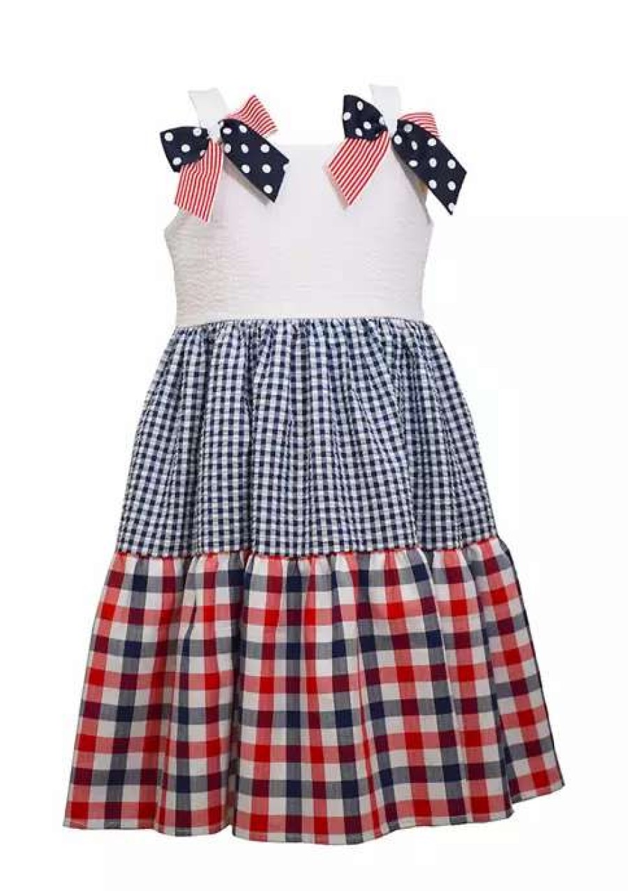 Kids * | Discount Bonnie Jean Girls 4-6X Bow Shoulder Americana Dress Navy