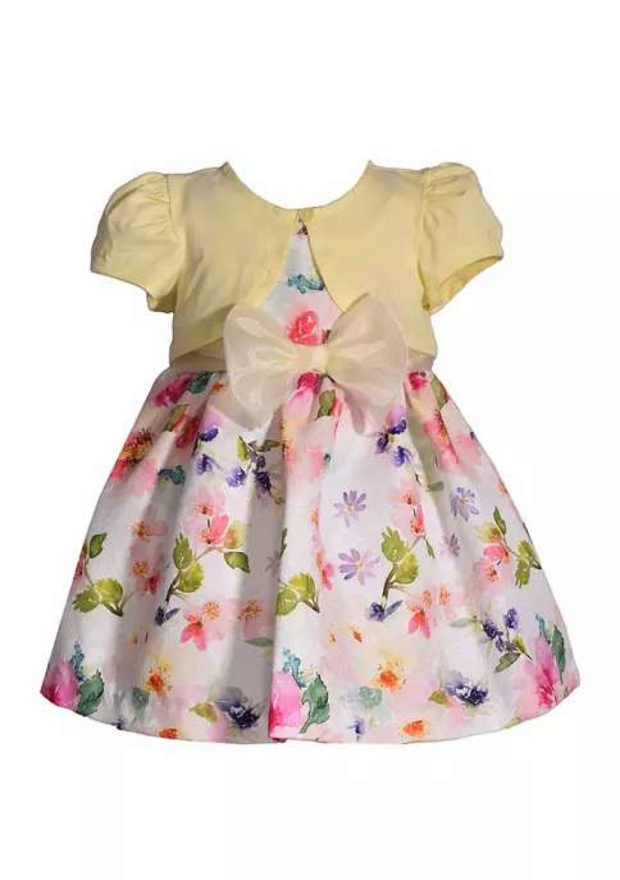 Kids * | Brand New Bonnie Jean Baby Girls Short Sleeve Floral Bow Cardigan Dress Yellow