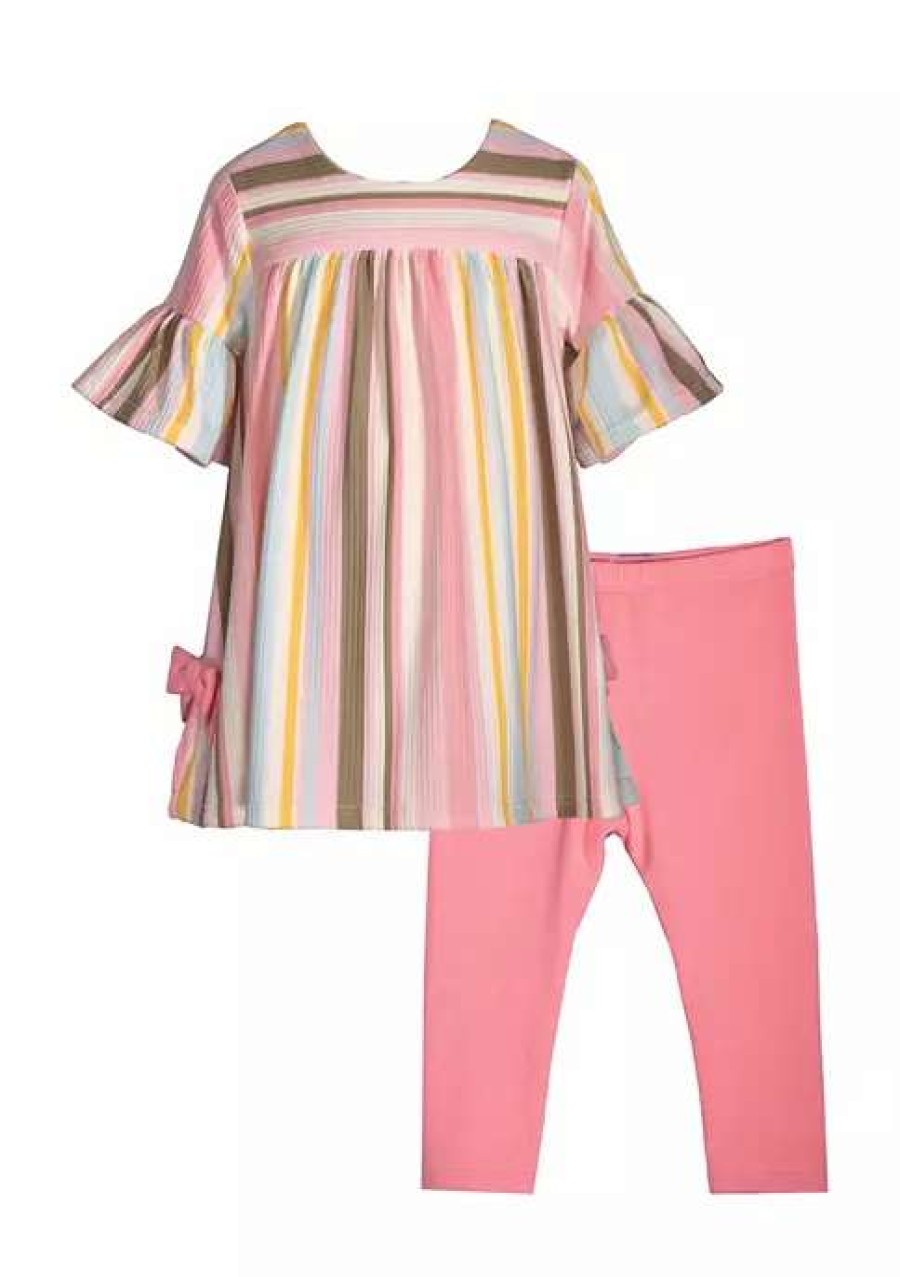 Kids * | New Bonnie Jean Baby Girls Short Flounce Sleeve Stripe Bow Knit Set Multi