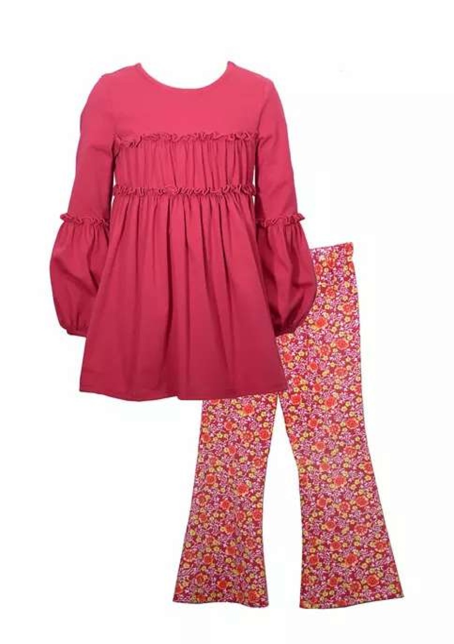 Kids * | Discount Bonnie Jean Toddler Girls Bell Sleeve Top And Floral Pants Burgundy