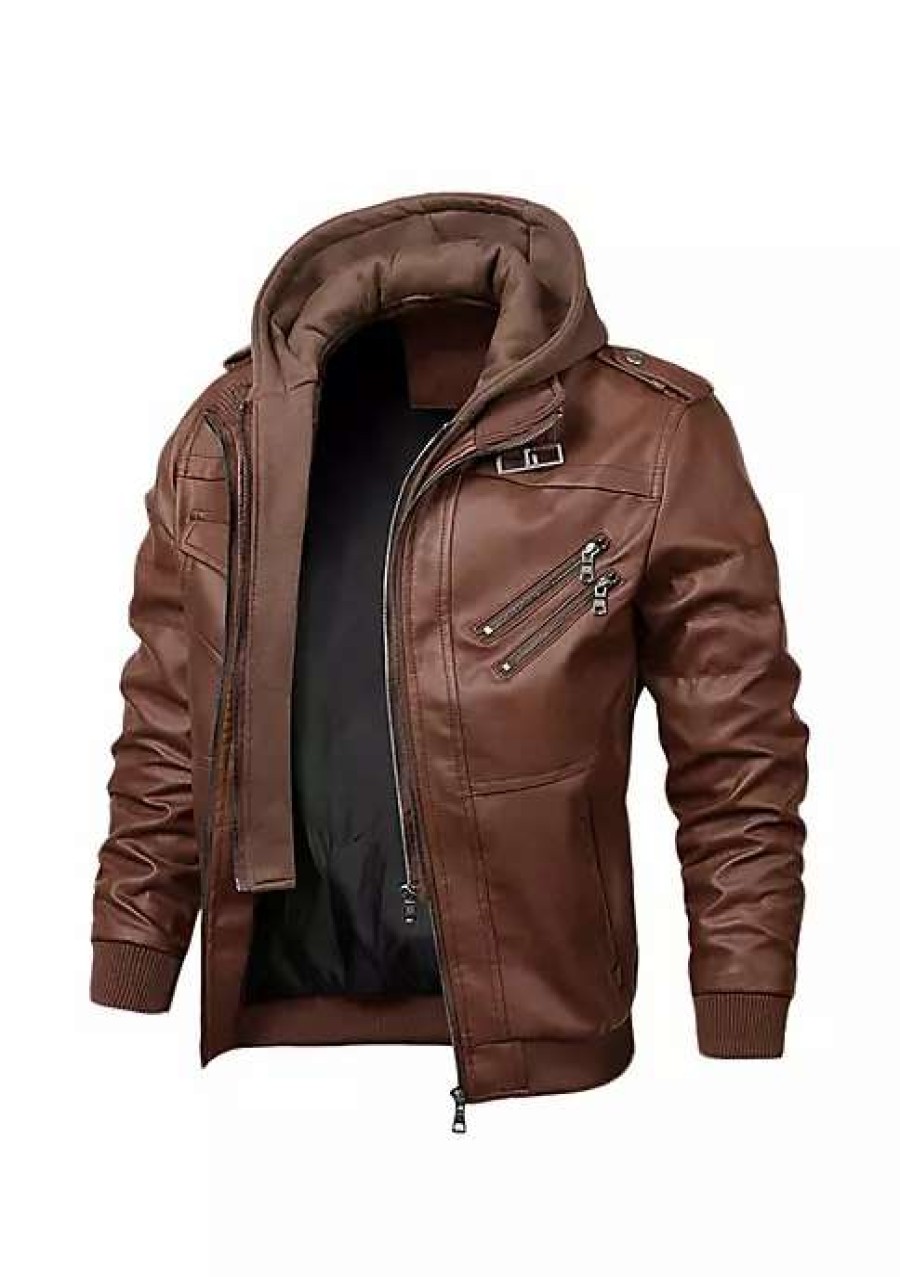 Men * | New Lars Amadeus Men'S Motorcycle Hooded Jacket Full Zip Biker Faux Leather Coat With Hood Brown