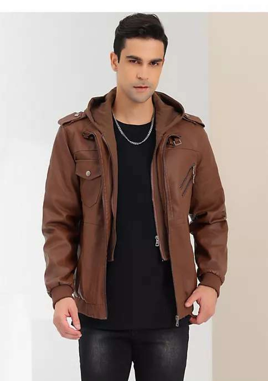 Men * | New Lars Amadeus Men'S Motorcycle Hooded Jacket Full Zip Biker Faux Leather Coat With Hood Brown