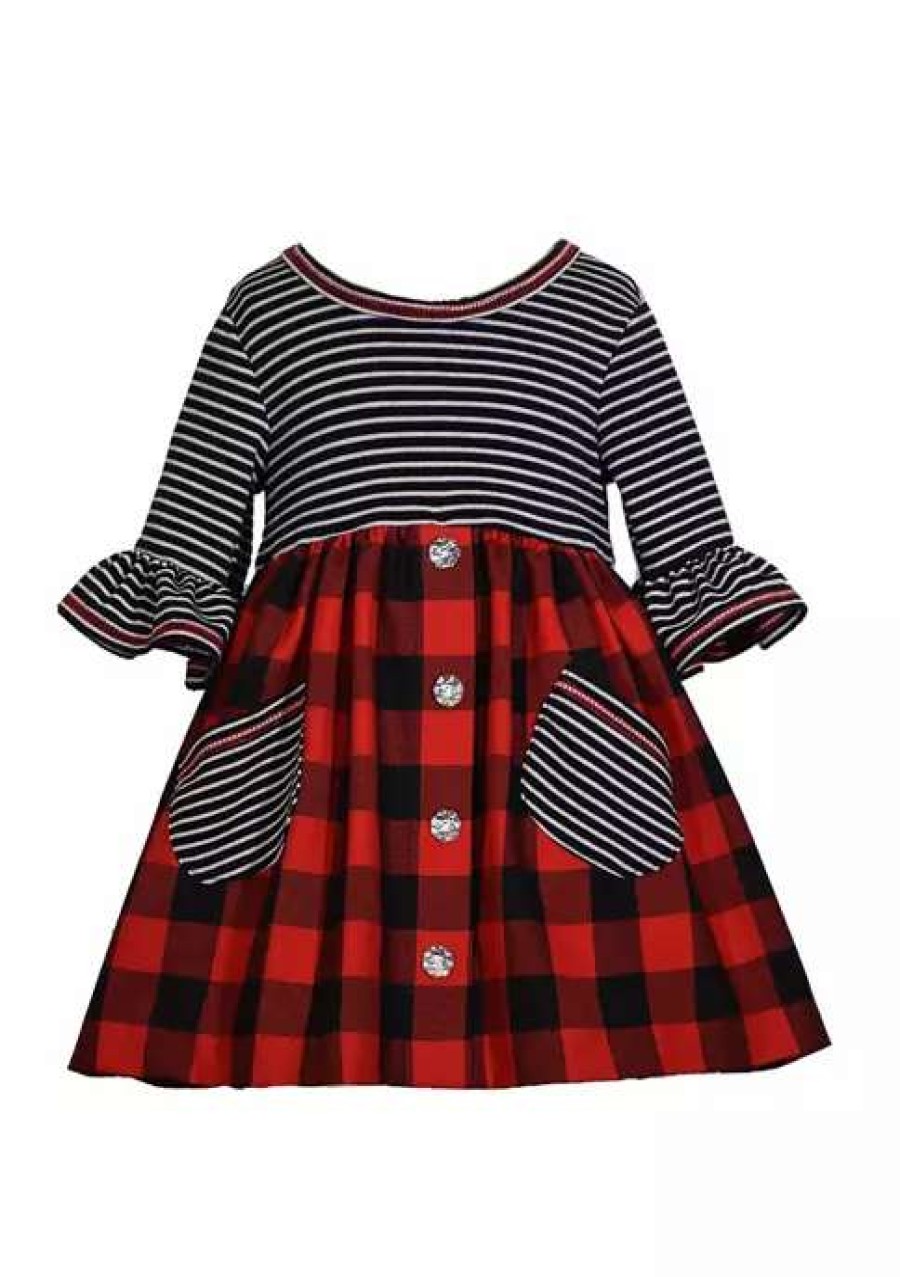 Kids * | Wholesale Bonnie Jean Toddler Girls 3/4 Sleeve Knit Plaid Babydoll Dress Red