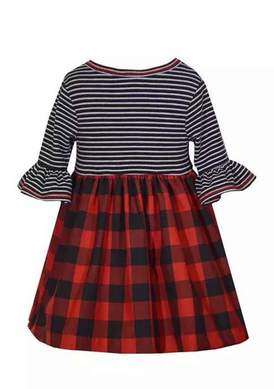 Kids * | Wholesale Bonnie Jean Toddler Girls 3/4 Sleeve Knit Plaid Babydoll Dress Red