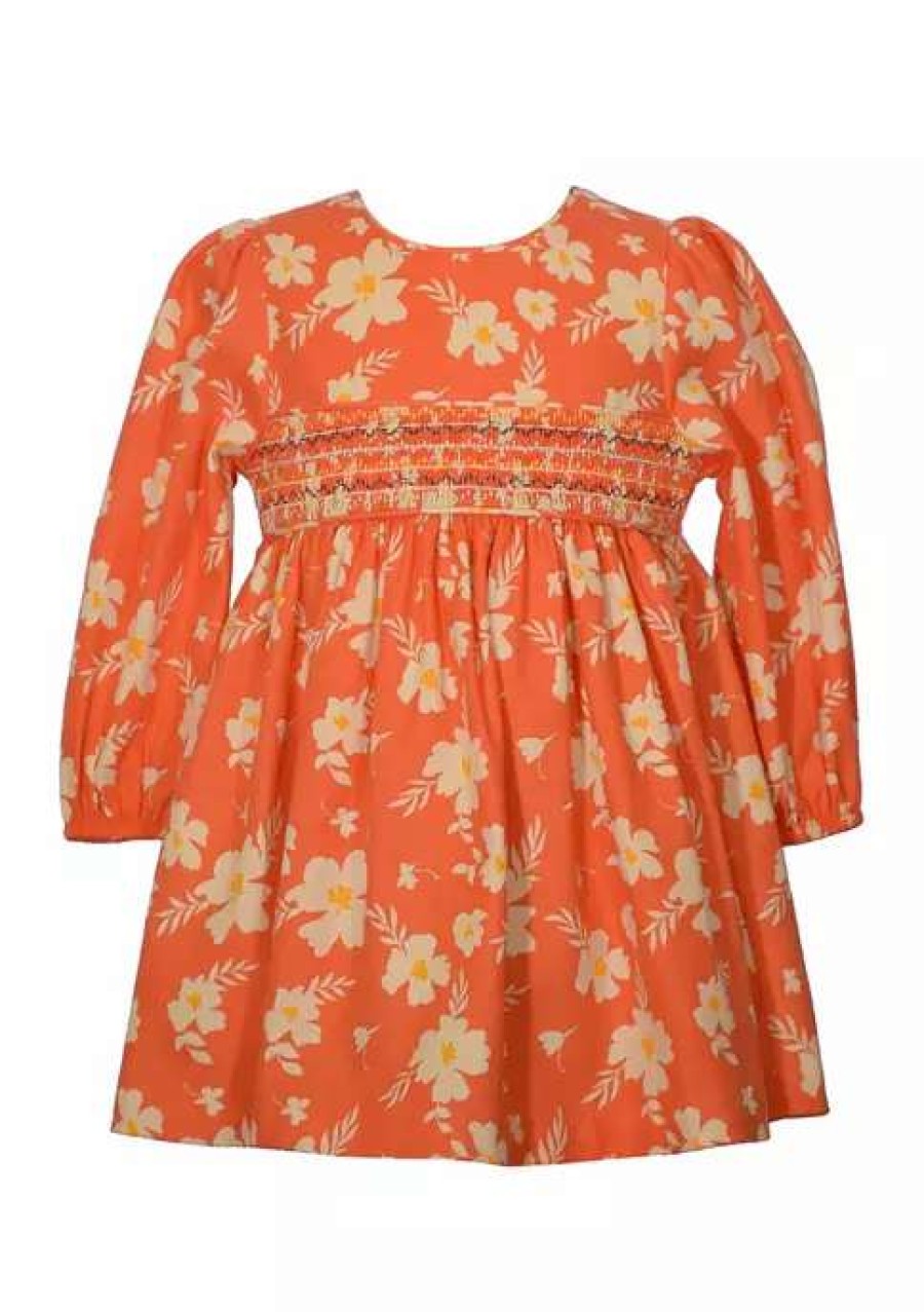 Kids * | Outlet Bonnie Jean Toddler Girls Long Sleeve Floral Smocked Dress Orange