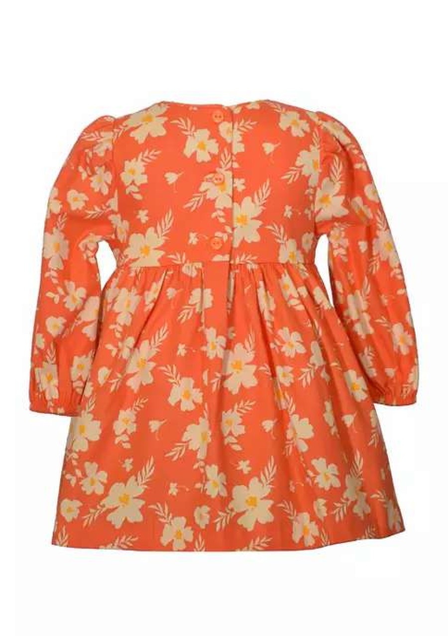 Kids * | Outlet Bonnie Jean Toddler Girls Long Sleeve Floral Smocked Dress Orange