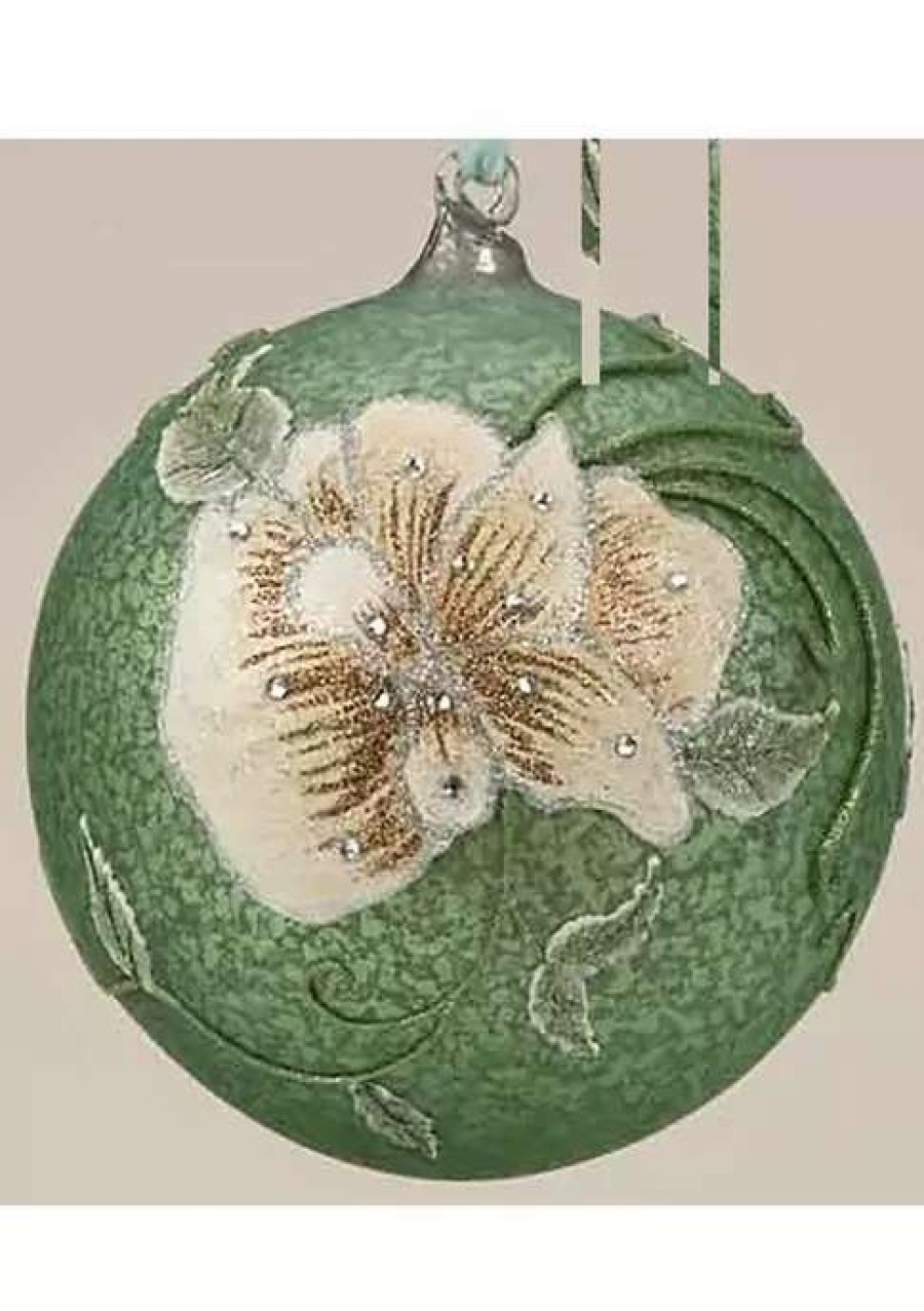 Home * | Hot Sale Roman 6.25Inch And Ivory Glittered Floral Christmas Ornament Green