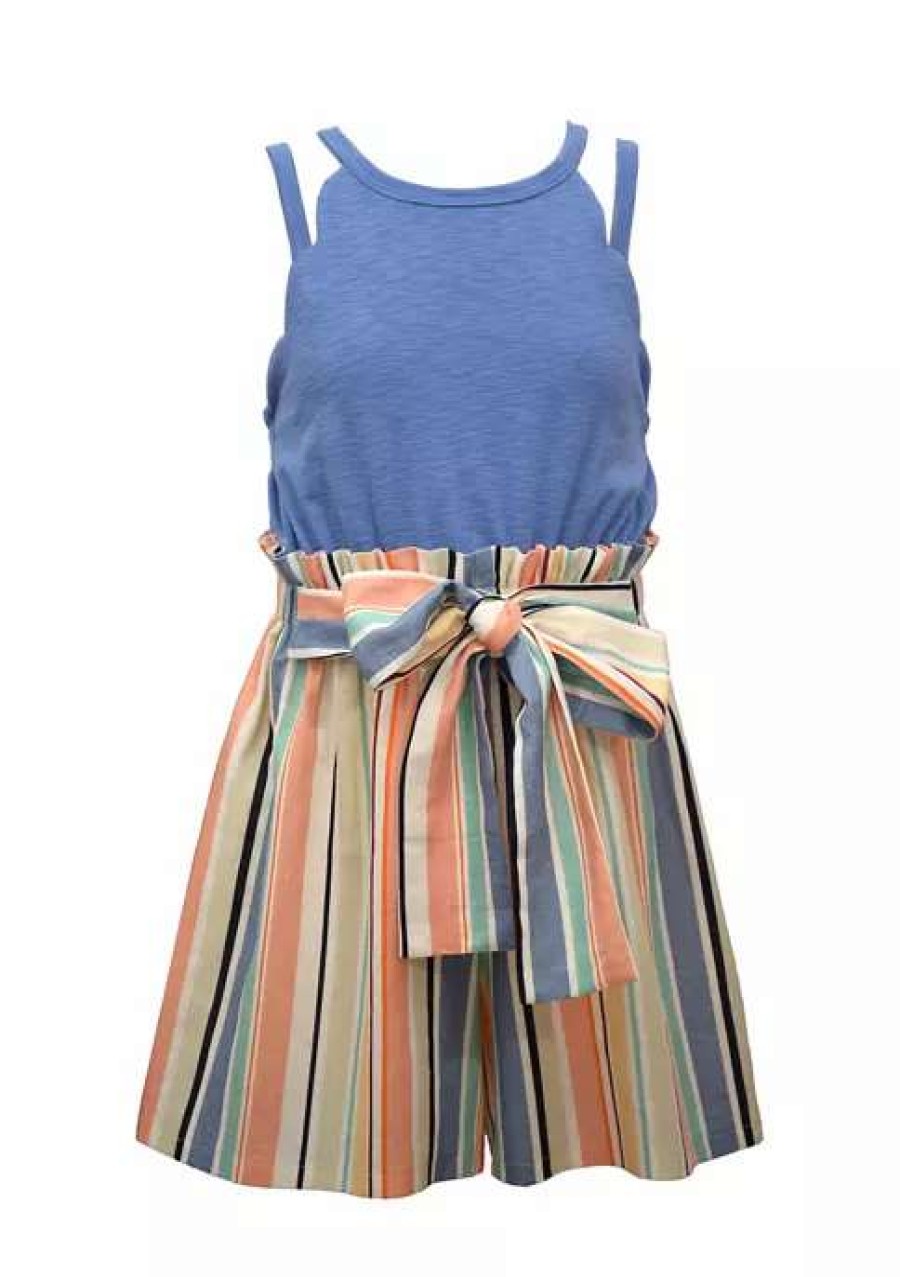 Kids * | Buy Bonnie Jean Girls 7-16 Scallop Stripe Romper Blue