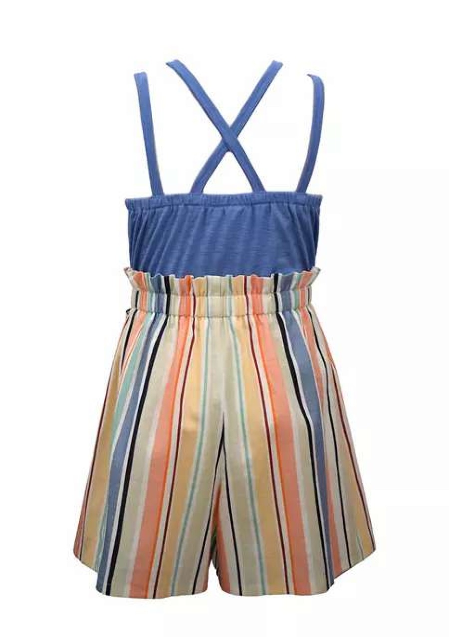 Kids * | Buy Bonnie Jean Girls 7-16 Scallop Stripe Romper Blue