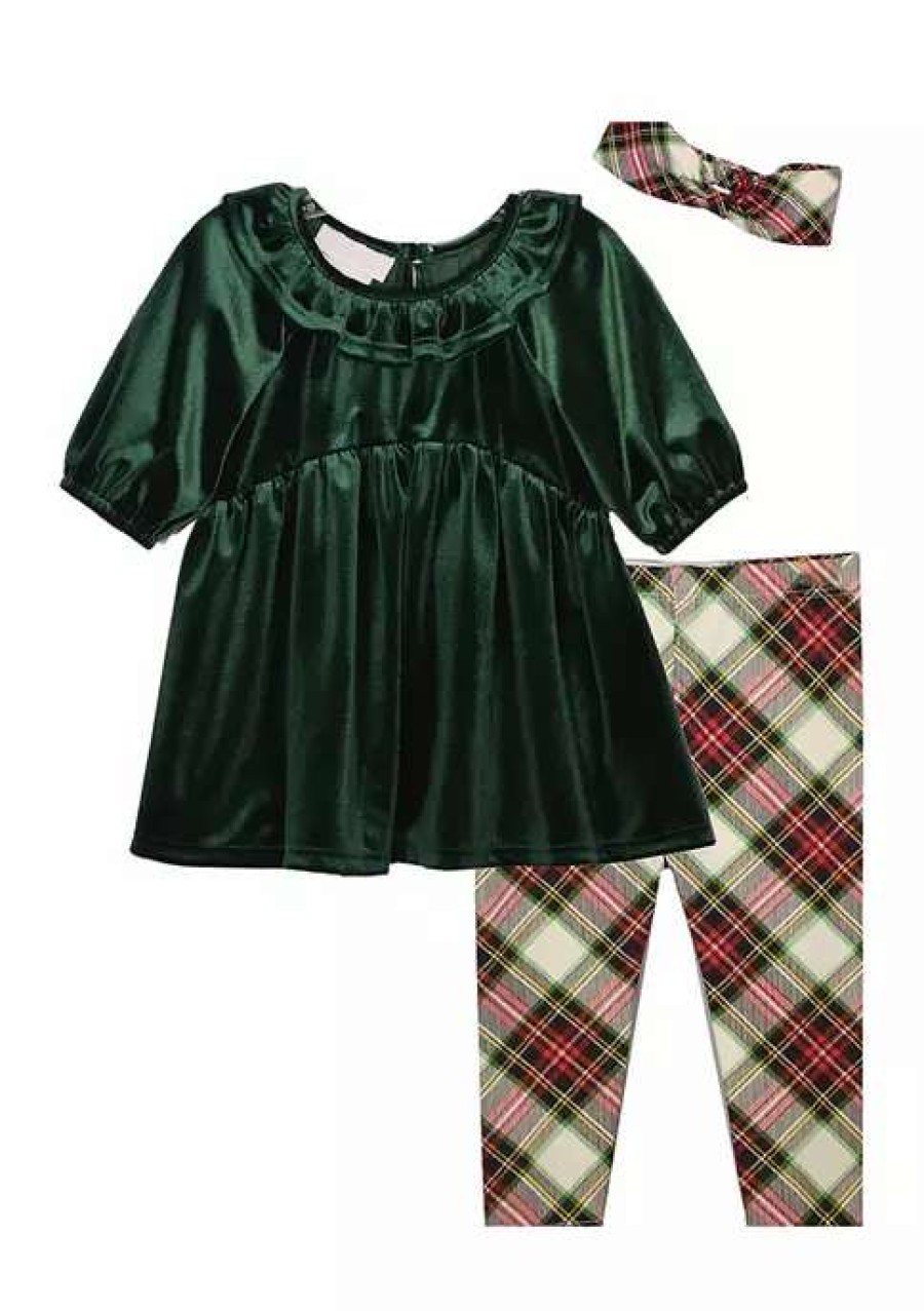 Kids * | Cheapest Bonnie Jean Toddler Girls Velvet Plaid Set With Headband Green