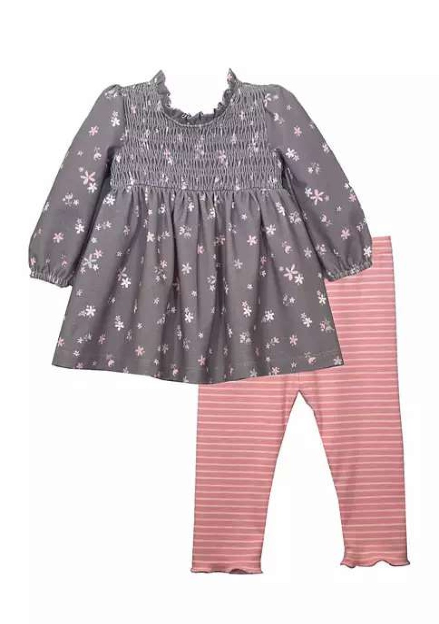 Kids * | Hot Sale Bonnie Jean Toddler Girls Long Sleeve Smocked Printed Top And Leggings Set Grey