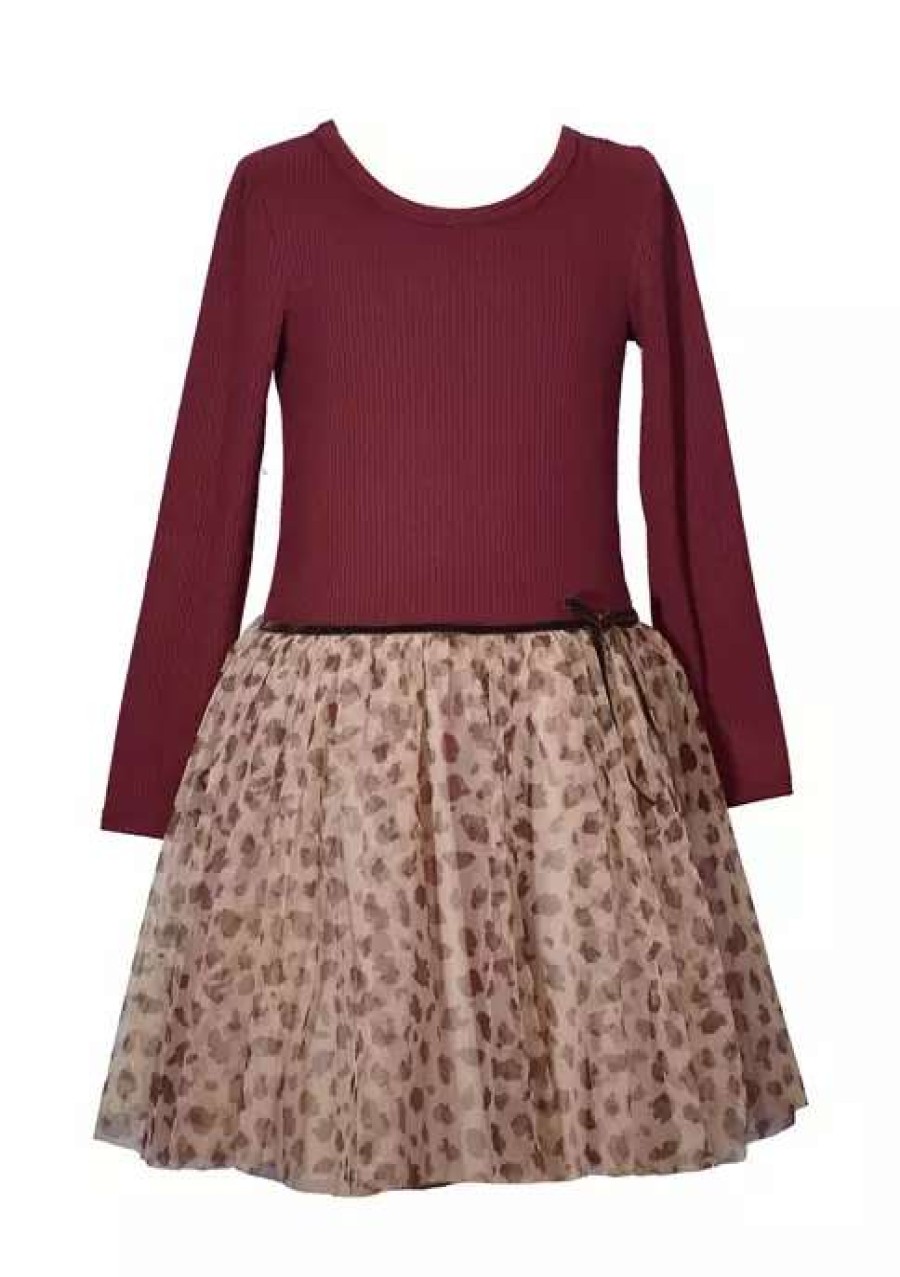 Kids * | Wholesale Bonnie Jean Girls 7-16 Leopard Skirt Dress Burgundy