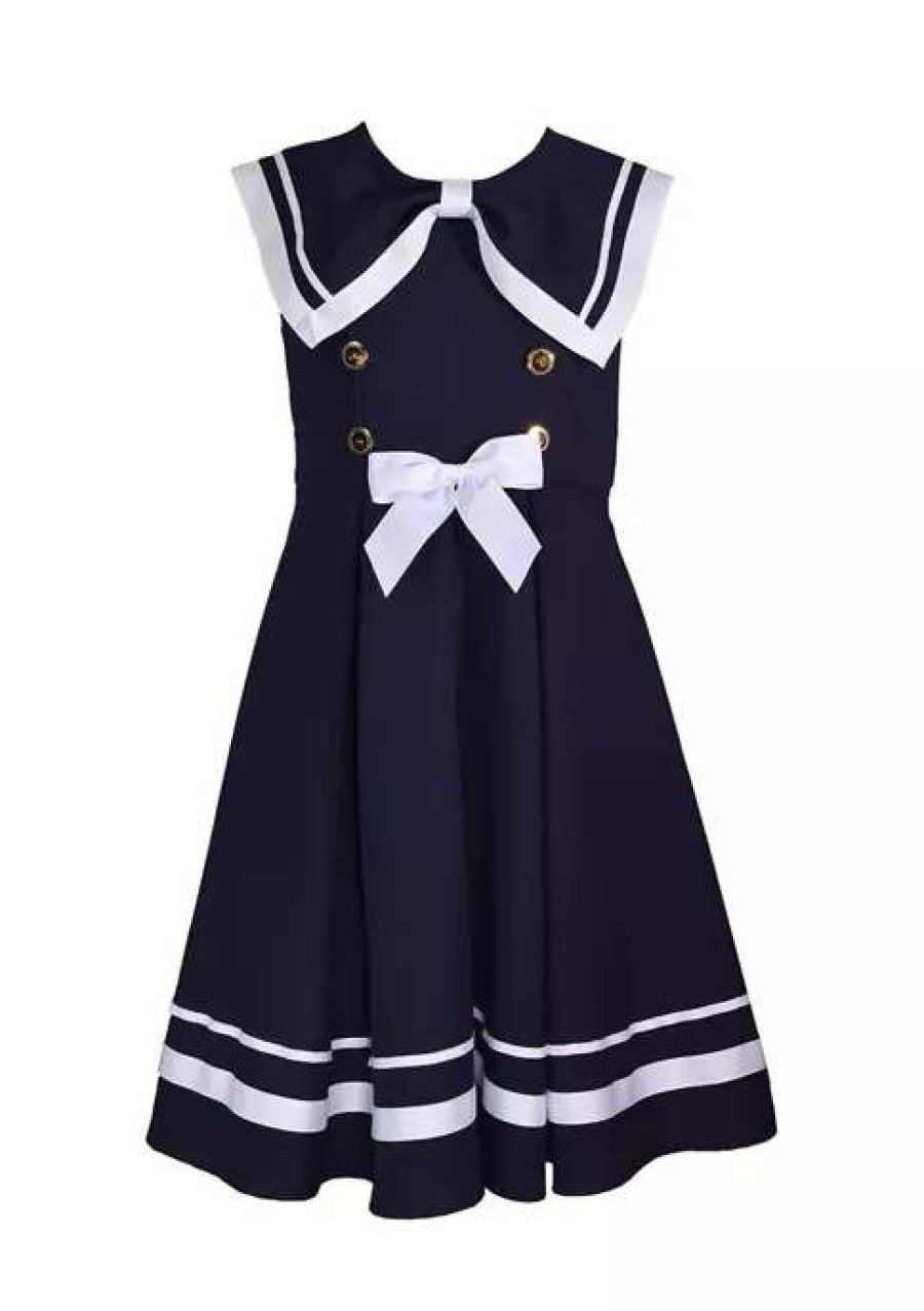 Kids * | Hot Sale Bonnie Jean Girls 7-16 Sleeveless Solid Nautical Dress Navy