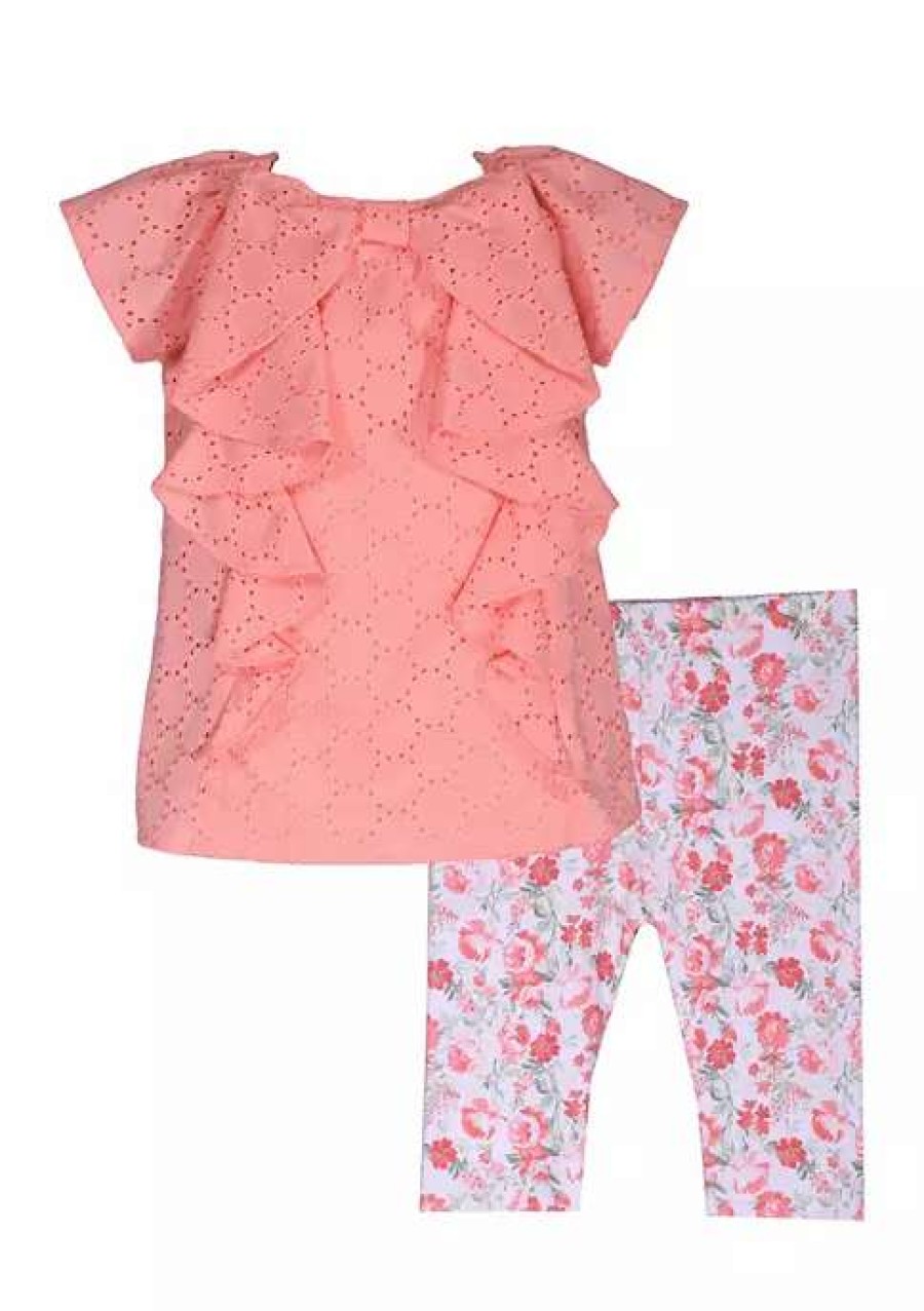 Kids * | Budget Bonnie Jean Girls 4-6X Flutter Sleeve Eyelet Top And Floral Legging Set Coral