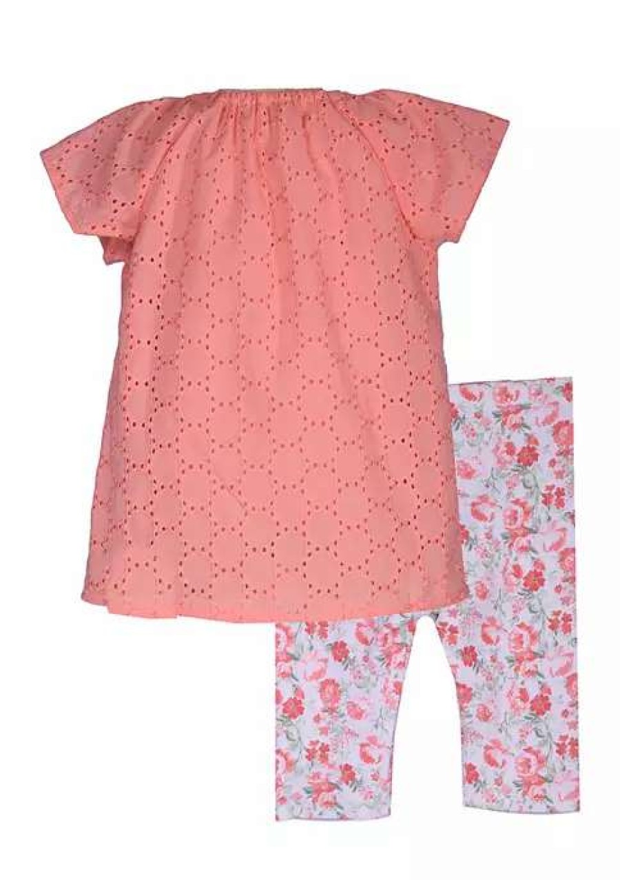 Kids * | Budget Bonnie Jean Girls 4-6X Flutter Sleeve Eyelet Top And Floral Legging Set Coral