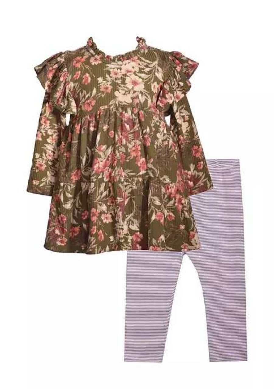 Kids * | Brand New Bonnie Jean Toddler Girls Long Sleeve Floral Print Top And Leggings Set Olive