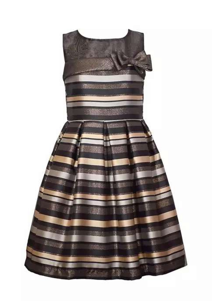 Kids * | Top 10 Bonnie Jean Girls 7-16 Stripe With Illusion Neck Dress Taupe