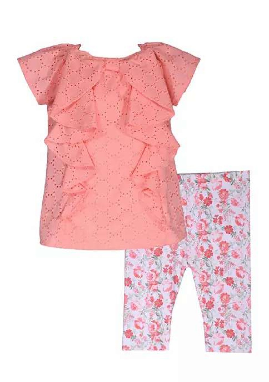 Kids * | Coupon Bonnie Jean Toddler Girls Short Sleeve Eyelet Floral Set Coral