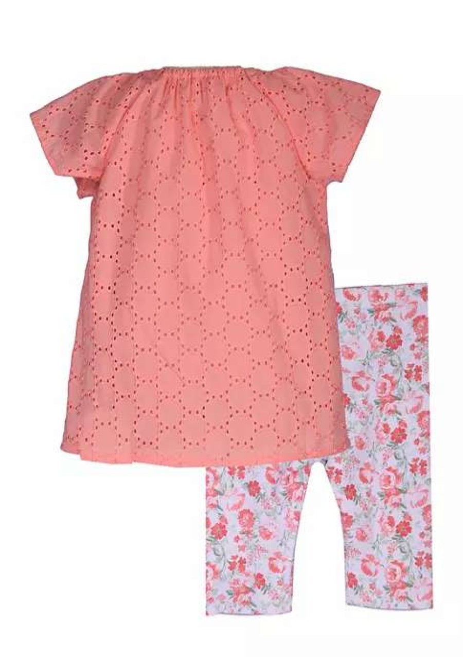 Kids * | Coupon Bonnie Jean Toddler Girls Short Sleeve Eyelet Floral Set Coral