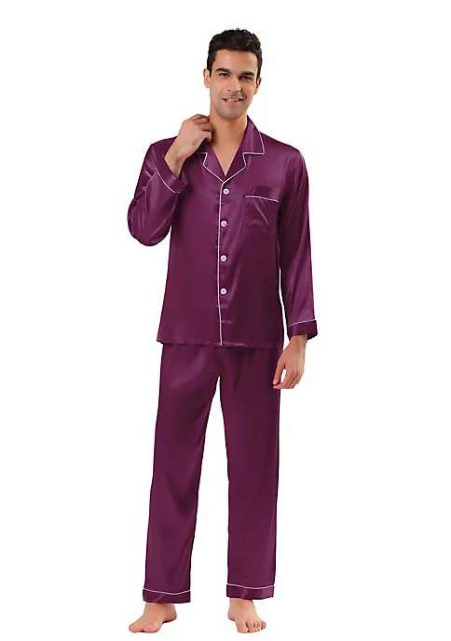 Men * | Budget Lars Amadeus Men'S Satin Pajama Sets Long Sleeve Loungewear Sleepwear V Neck Solid Sleepwear Set