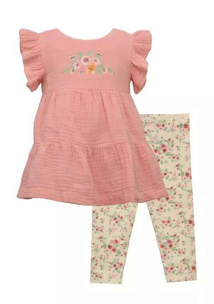 Kids * | Outlet Bonnie Jean Baby Girls Short Flutter Sleeve Floral Print Top And Pants Set Peach