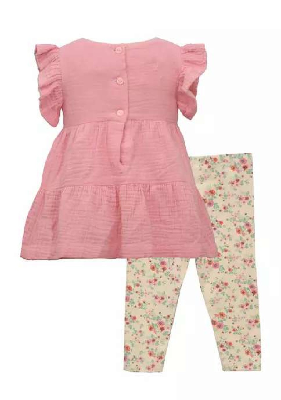 Kids * | Outlet Bonnie Jean Baby Girls Short Flutter Sleeve Floral Print Top And Pants Set Peach